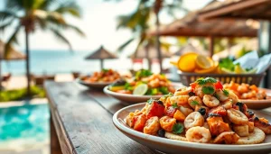Cabo food recommendations with a vibrant assortment of local dishes on a rustic table.