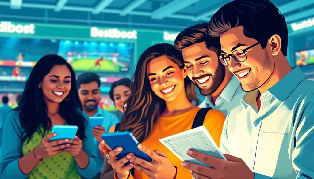 Engaging scene highlighting best online sportsbooks India with diverse individuals excitedly betting on sports.