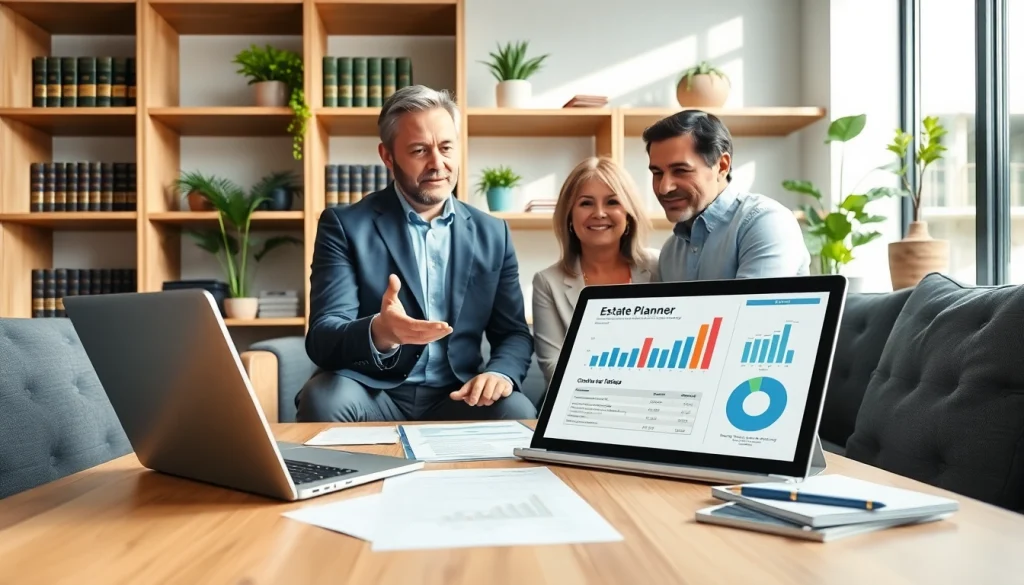 Estate planning San Antonio consultation with a professional planner and a couple discussing financial matters.