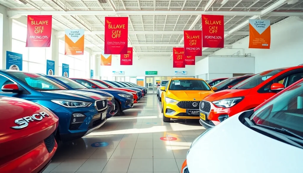 Buy a car in a professional showroom filled with vibrant vehicles for sale.