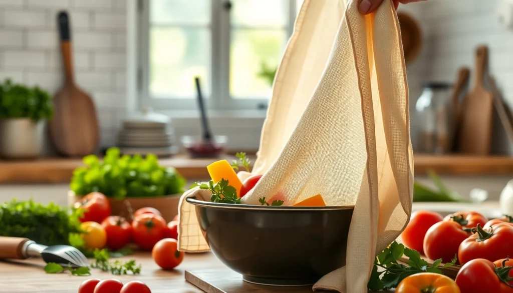 Kaasdoek gebruikt om verse ingrediënten te strainen in een professionele keuken.