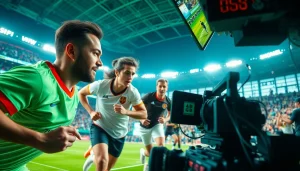 실시간스포츠중계의 생생한 게임 현장, 관중과 방송 장비 강조