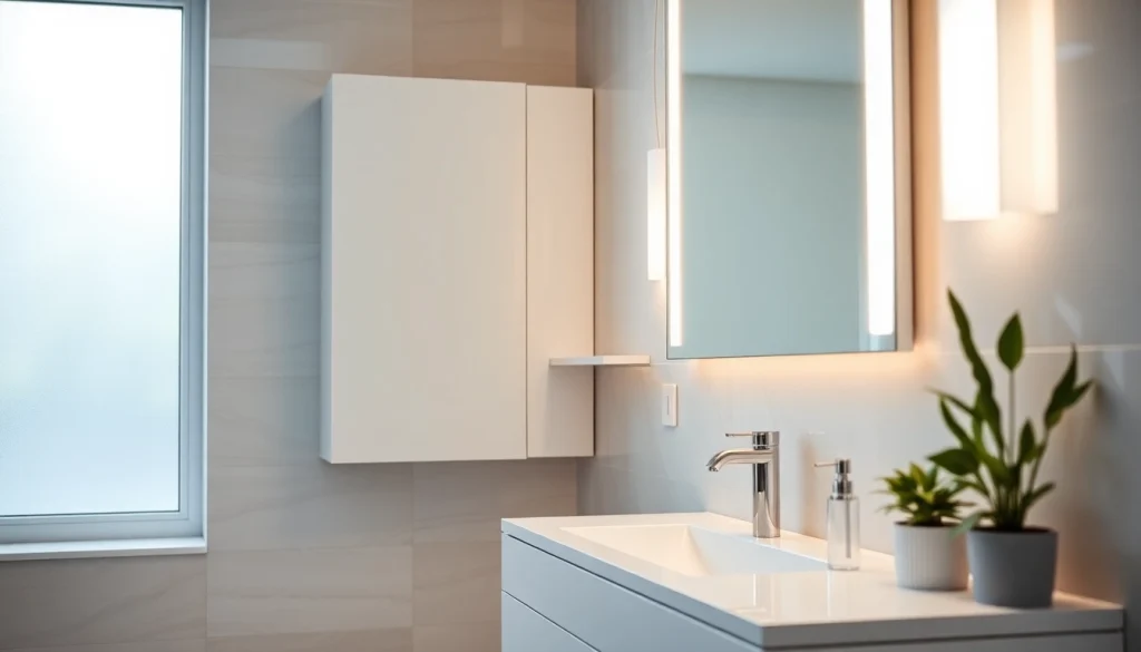 Spiegelschrank mit LED Beleuchtung im modernen Badezimmer mit elegantem Design.