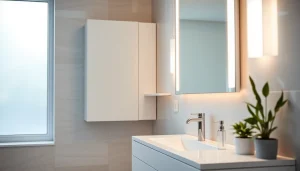 Spiegelschrank mit LED Beleuchtung im modernen Badezimmer mit elegantem Design.