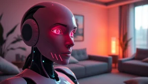 AI sex bot engaging in a warm, intimate setting with a humanoid robot.