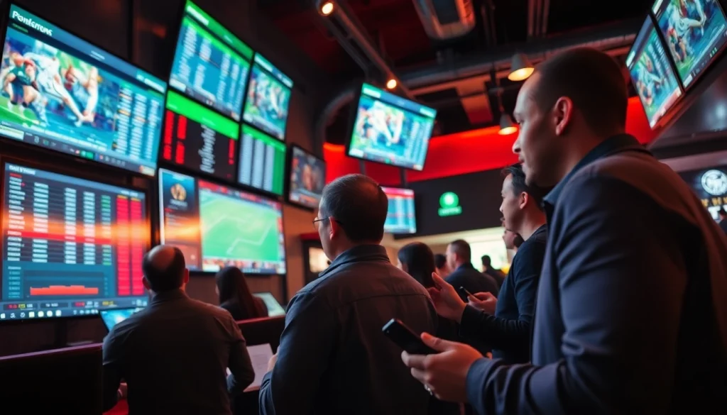 Engaging atmosphere depicting online sportsbooks Texas with bettors analyzing odds and making wagers.