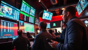 Engaging atmosphere depicting online sportsbooks Texas with bettors analyzing odds and making wagers.