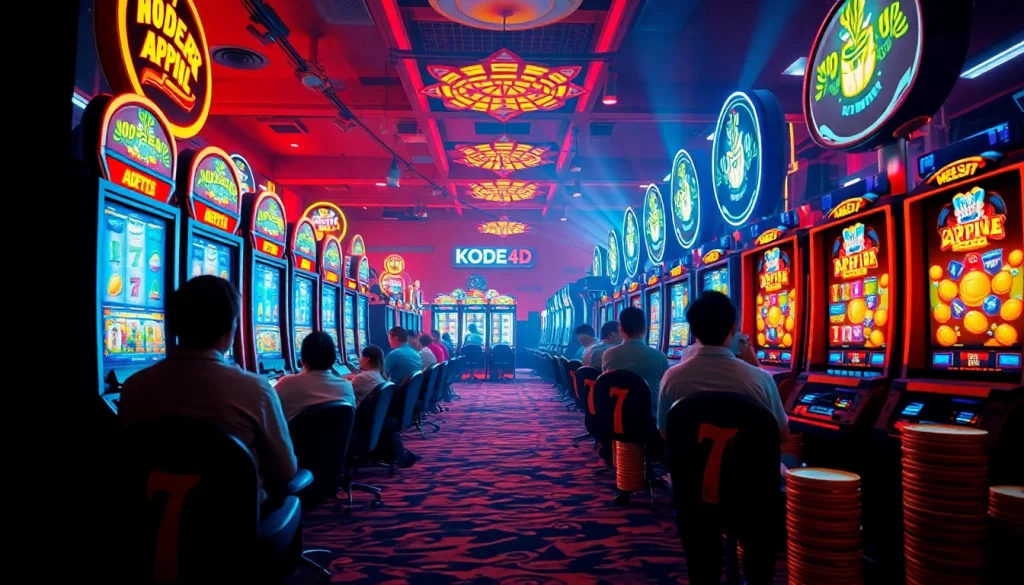 Situs kode4d gaming scene with players at vibrant slot machines, evoking excitement and energy.