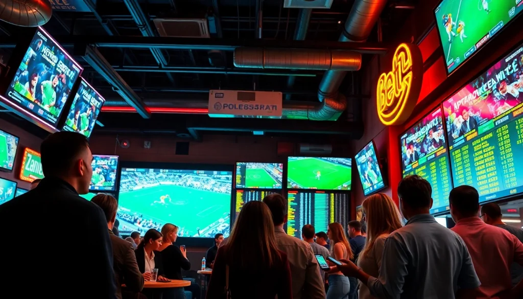 Betting enthusiasts exploring sportsbooks in British Columbia at a lively sports bar.
