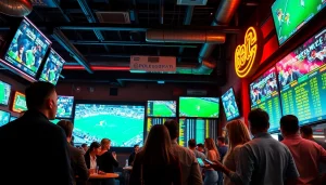 Betting enthusiasts exploring sportsbooks in British Columbia at a lively sports bar.