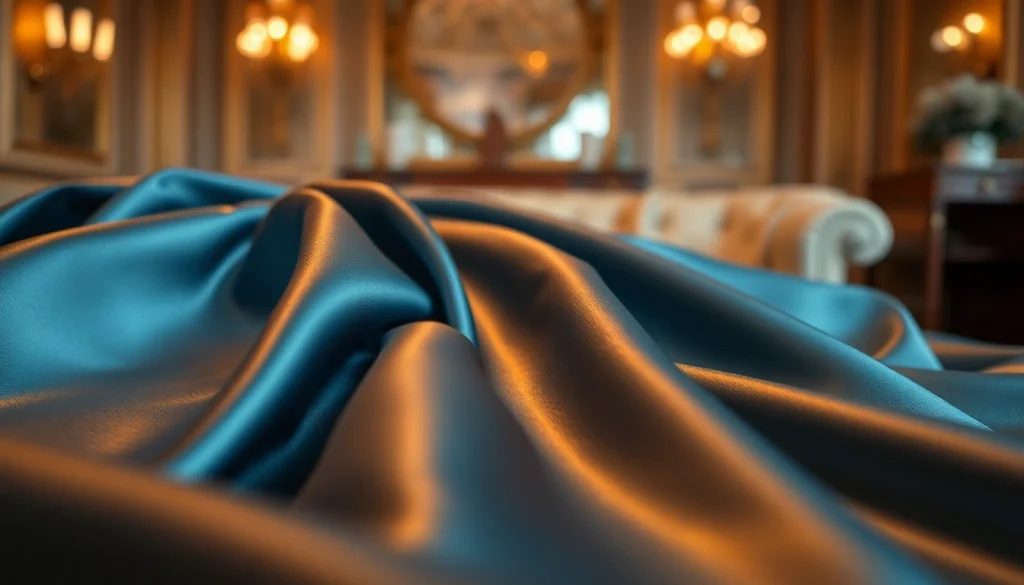 Satijn stof met een glanzende textuur die elegant is gedrapeerd in een luxe setting.