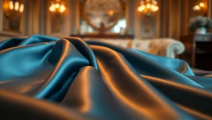 Satijn stof met een glanzende textuur die elegant is gedrapeerd in een luxe setting.
