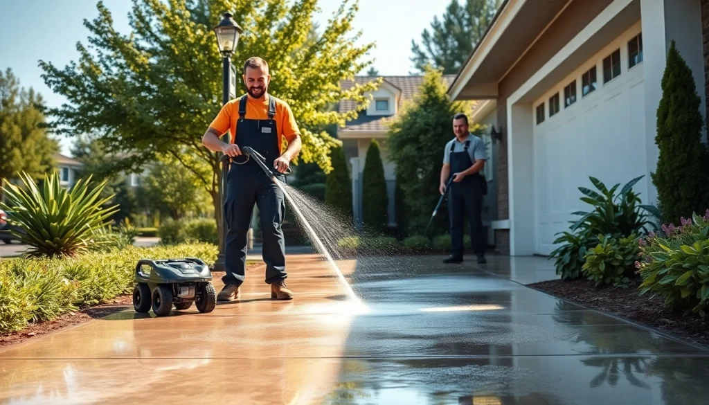 Concrete cleaning in progress, showing a professional team using a pressure washer to restore driveway appearance.