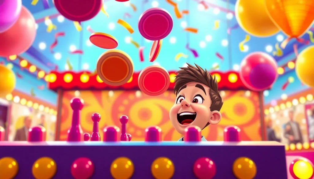 Mainkan plinko demo dengan peletakan disc yang penuh warna dalam pengaturan karnaval yang ceria.
