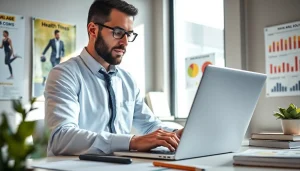 Engaged health expert using a biological age calculator on a sleek laptop in a bright office.