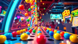 Menampilkan permainan demo plinko dengan bola berwarna yang jatuh dan suasana energik.