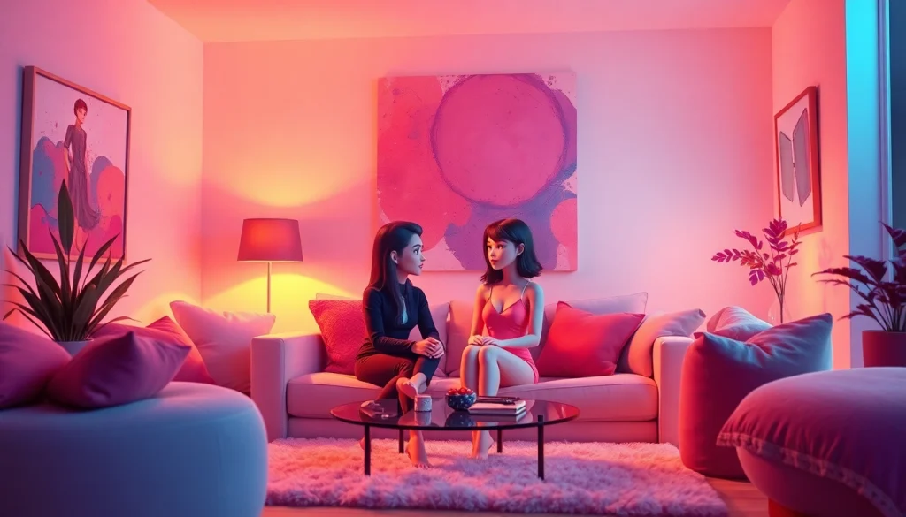 Engaging AI characters in a cozy chat environment illustrating sex chat ai interaction.