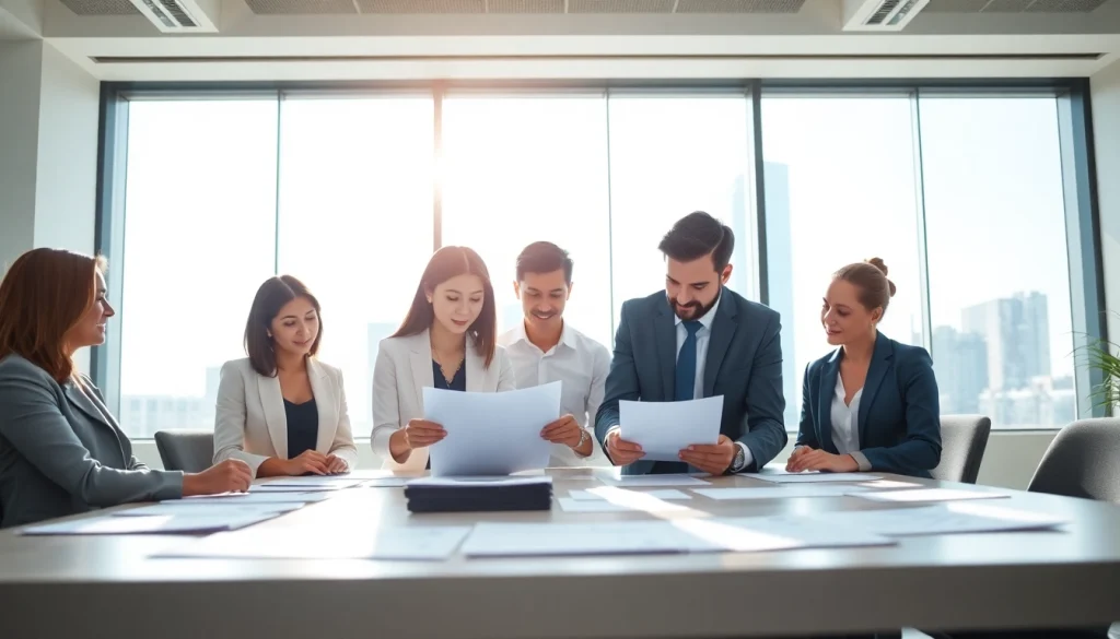 Consultants collaborating on pre and post award compliance documents in a modern office.