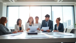 Consultants collaborating on pre and post award compliance documents in a modern office.