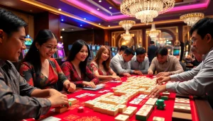 Engage in the exciting link mahjong game at a vibrant casino table with colorful tiles and eager players.