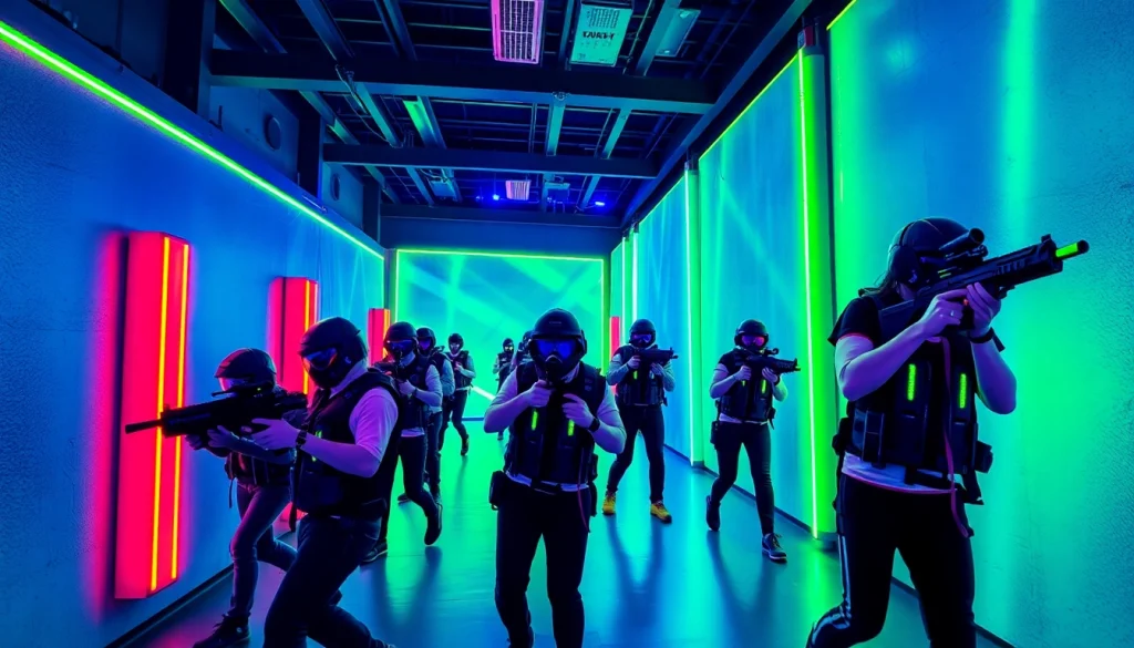 Engage in exhilarating Laser tag battle in a colorful, neon-lit arena setting