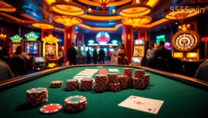 Players engage in high-stakes poker at 555win's luxurious casino table, surrounded by excitement and vibrant atmosphere.