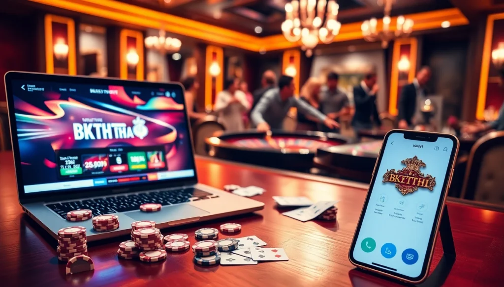 Engaging online gambling scene with BK8THAI elements, showcasing poker chips and a roulette wheel.