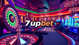 Experience the excitement of gambling at 7upbet casino with vibrant tables and neon lights.