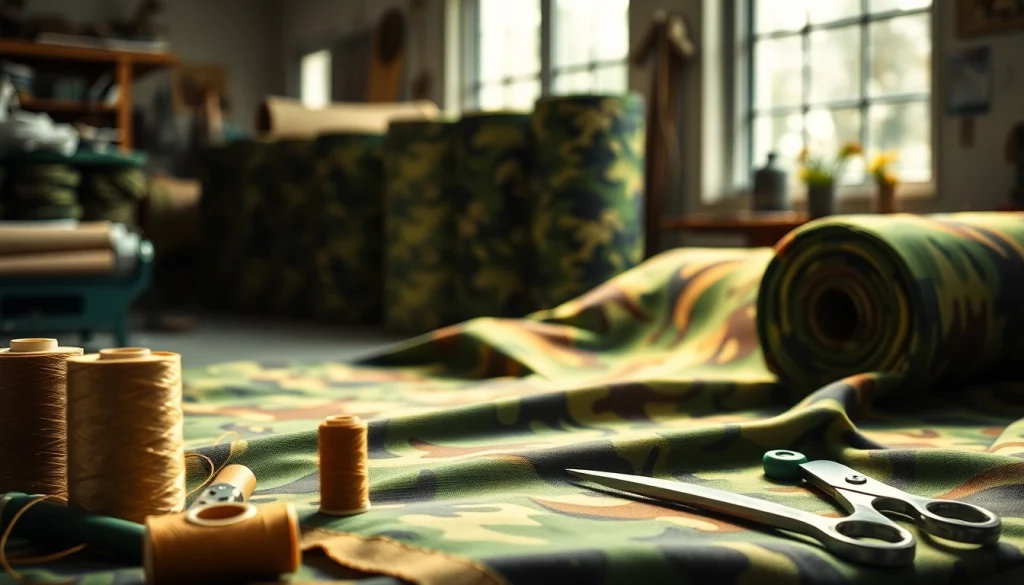 Creëer een prachtige legerprint stof in een kleurrijke textielwerkplaats.