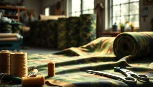 Creëer een prachtige legerprint stof in een kleurrijke textielwerkplaats.