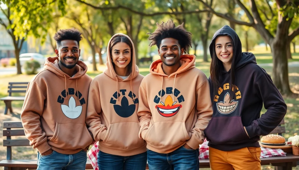 Džemperiai su spauda rodomi gyvybingoje lauko scenoje, draugai dėvi individualiai pritaikytus džemperius su gobtuvais.