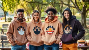 Džemperiai su spauda rodomi gyvybingoje lauko scenoje, draugai dėvi individualiai pritaikytus džemperius su gobtuvais.