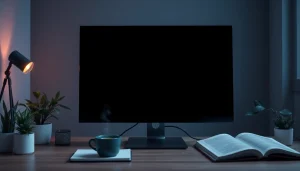 High-quality black screen image displayed on a sleek monitor in a calming study setting.