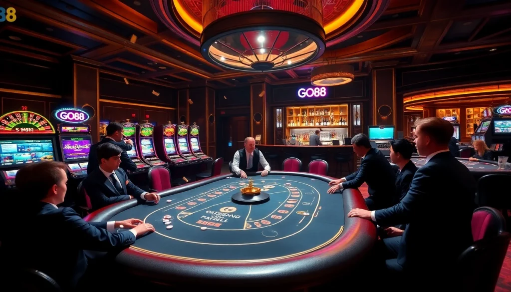 Exciting gaming at GO88 with vibrant slot machines and high-stakes poker table.