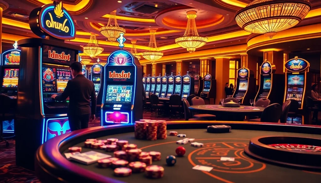 Engaged player in 'Idnslot' casino scene with vibrant slot machines and poker tables.