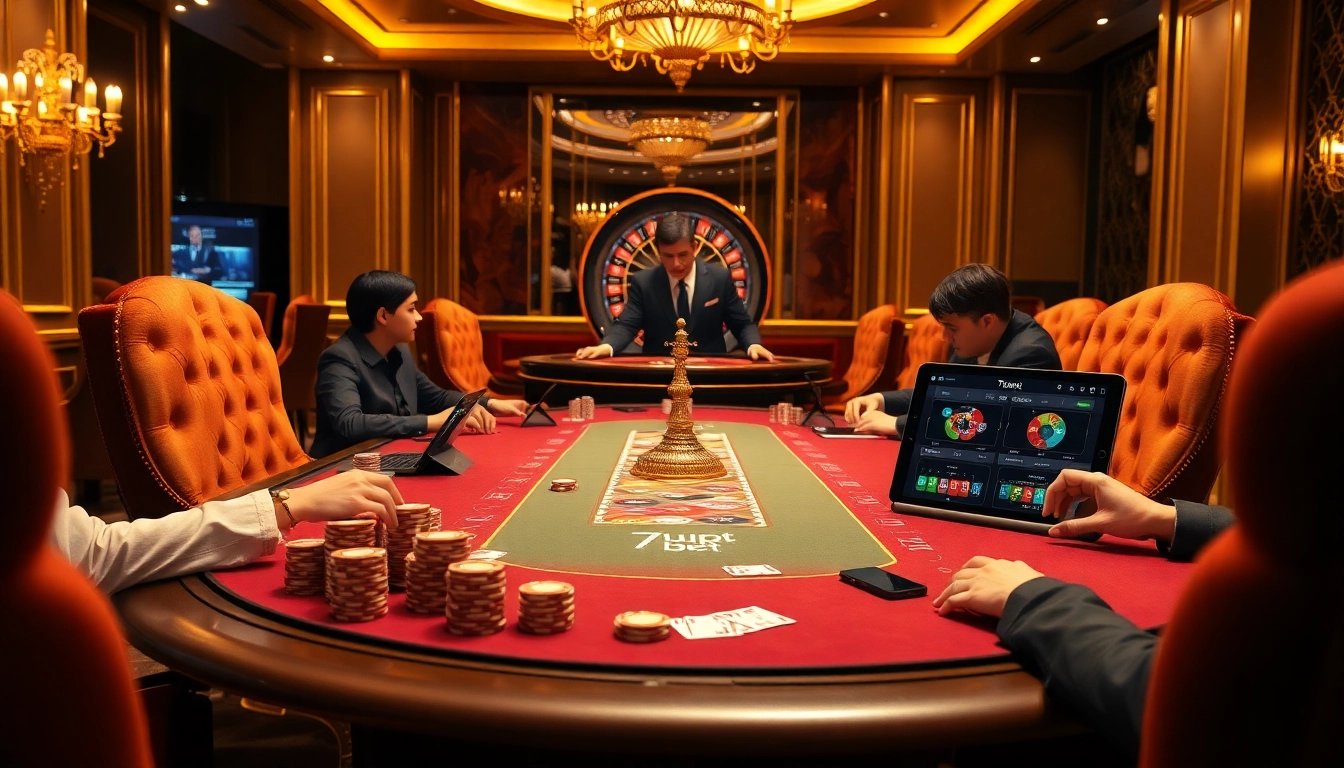 High-stakes poker game at a 7upbet casino with vibrant ambiance and rich textures.