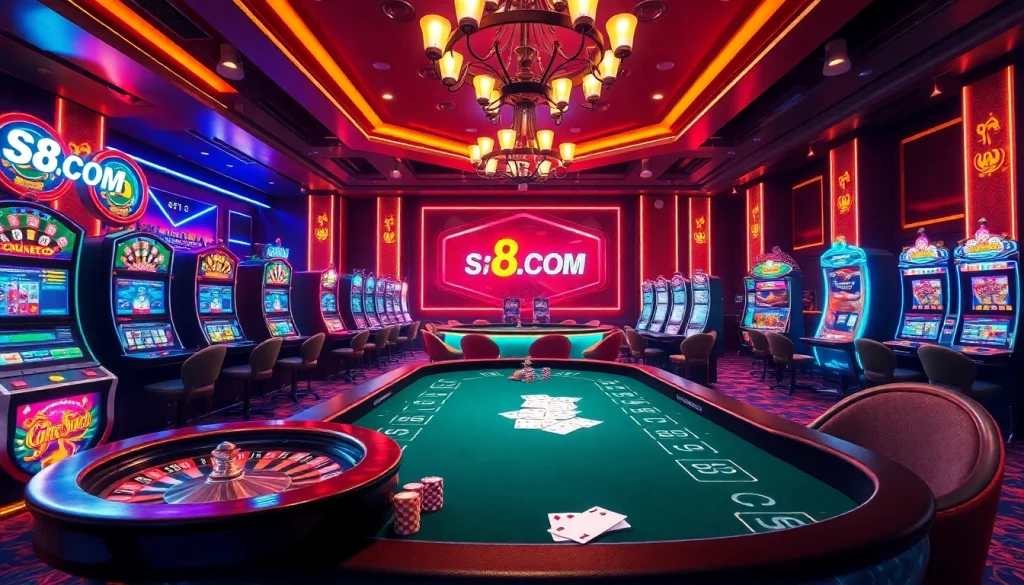Experience the excitement at S8.COM casino, featuring vibrant gaming tables and classic slot machines.