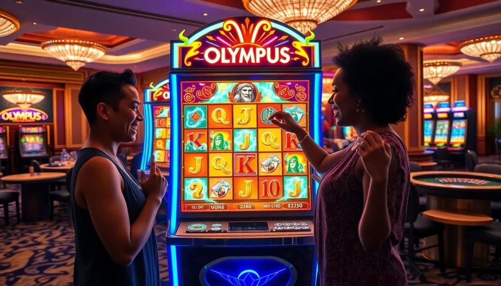 Pemain berinteraksi dengan mesin slot Olympus yang berwarna-warni di sebuah kasino mewah.