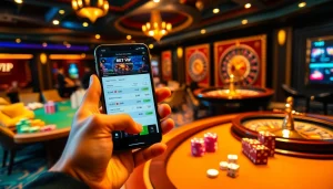 Tương tác với ứng dụng Bet VIP trên thiết bị di động giữa bầu không khí sòng bạc sống động.