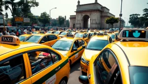 Delhi Taxi Service with friendly drivers and vibrant taxis on a busy New Delhi street.