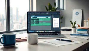 在笔记本电脑上展示 WPS 工具的创新办公空间，传达高效生产力。