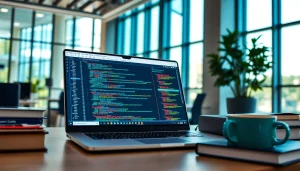 Software engineering workspace with coding projects on laptop and coffee.