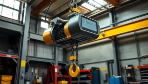 Electric chain hoist crane efficiently lifting a heavy load in an industrial setting.