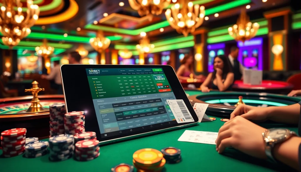 Experience sbobet online betting amid an exciting casino atmosphere with vibrant gaming elements.