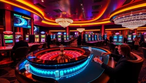 MK8 themed gambling experience featuring roulette and poker tables in a luxurious casino setting.