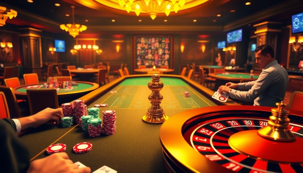Engaging players enjoying casino games at s88a.io with vibrant tables and roulette wheel.