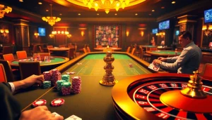 Engaging players enjoying casino games at s88a.io with vibrant tables and roulette wheel.