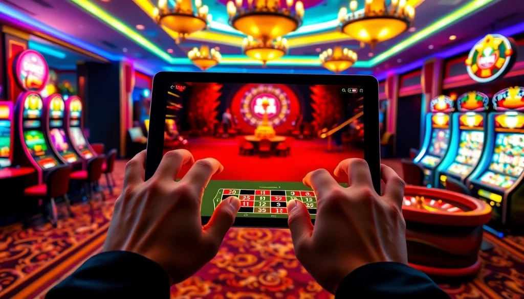 Betting on sbobet link alternatif with a tablet in a luxurious casino scene featuring poker chips and roulette.