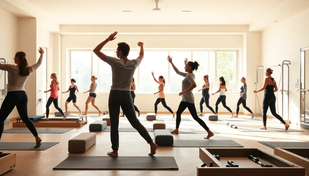 台東区のモダンなスタジオでピラティスのクラスに参加する人々。多様性と活発なライフスタイルを示しています。