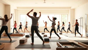 台東区のモダンなスタジオでピラティスのクラスに参加する人々。多様性と活発なライフスタイルを示しています。